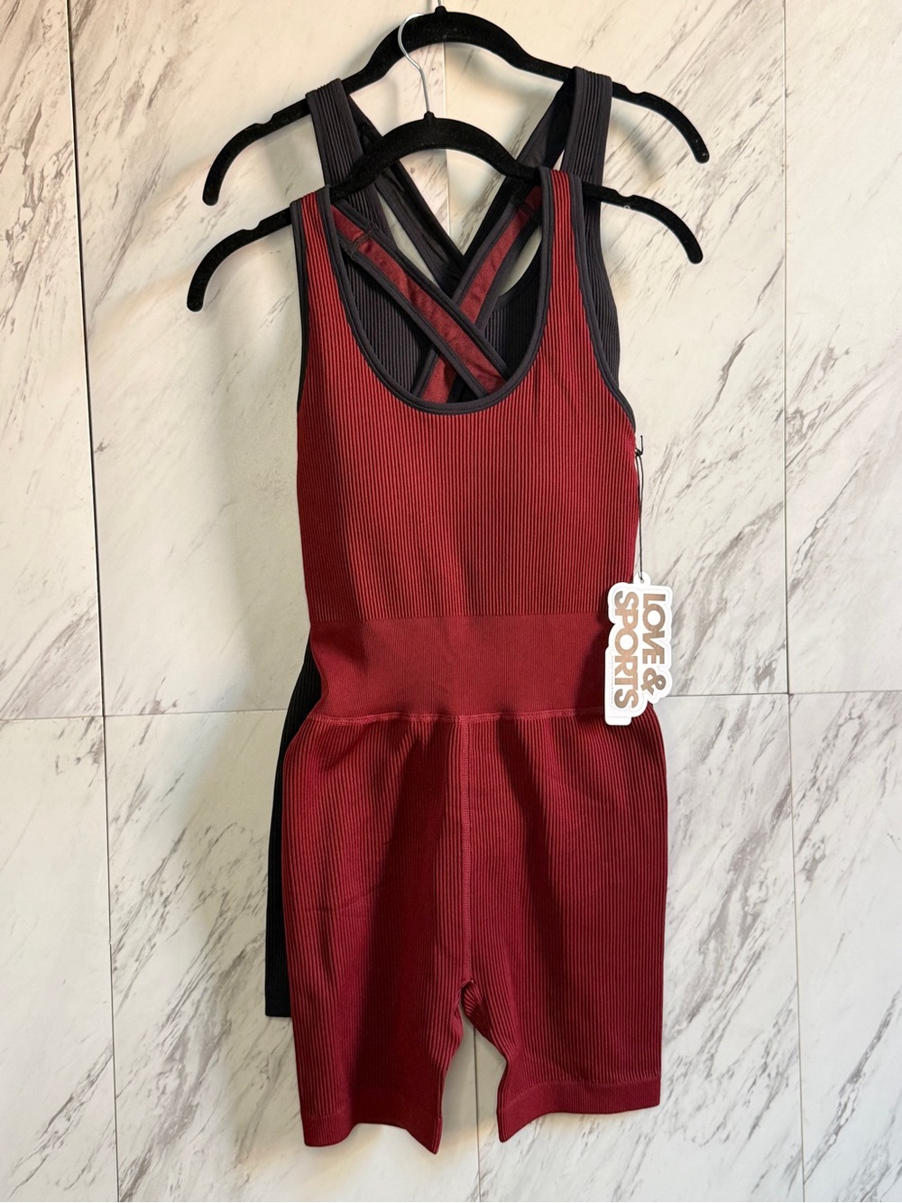NWT Bundle of 2 Love & Sports Ribbed Crisscross Racerback Biker Short Rompers S